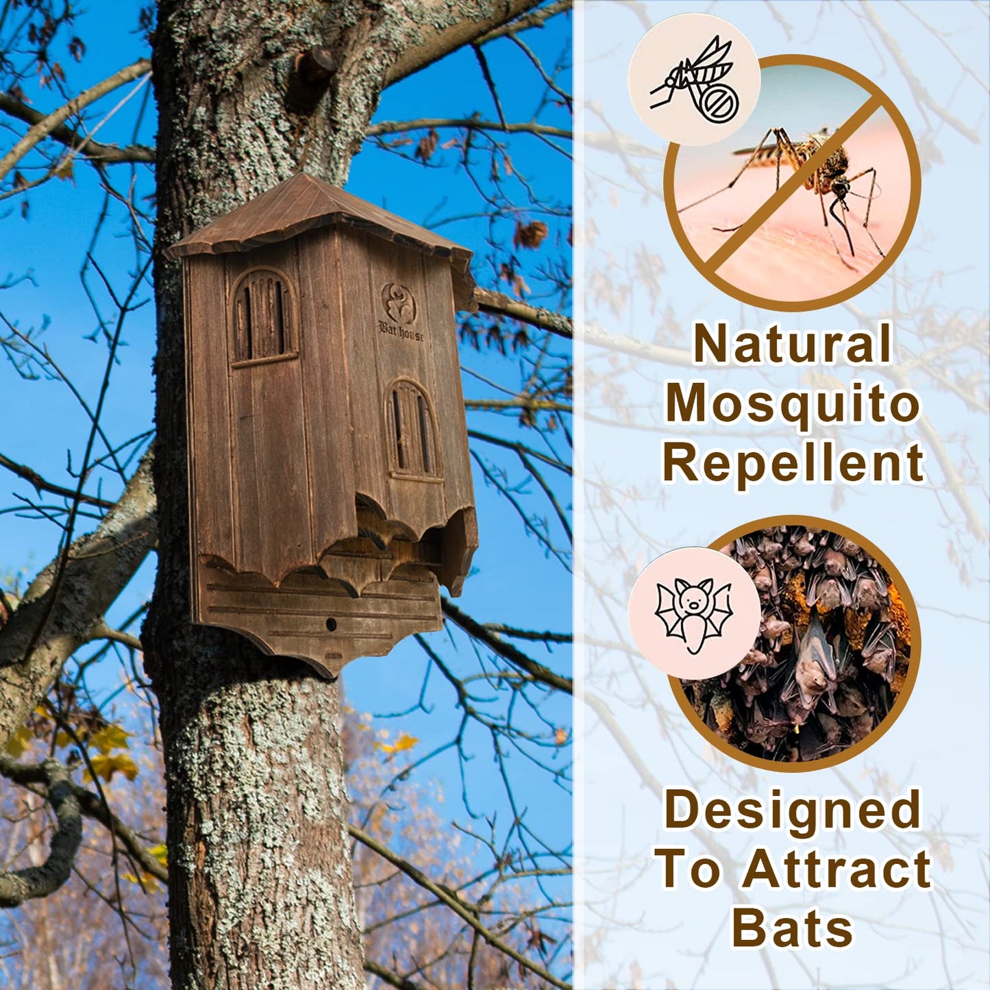 Wooden Castle Bat Houses for Outdoors, Large Three Chamber Box Perfectly Designed to Attract Bats