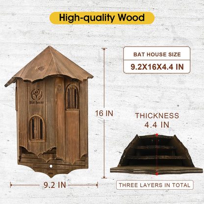 Wooden Castle Bat Houses for Outdoors, Large Three Chamber Box Perfectly Designed to Attract Bats