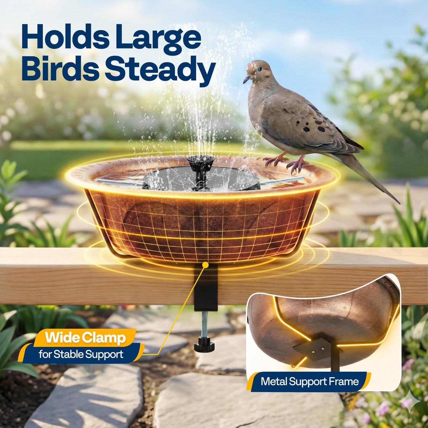 Deck Mounted Bird Bath with Solar Fountain