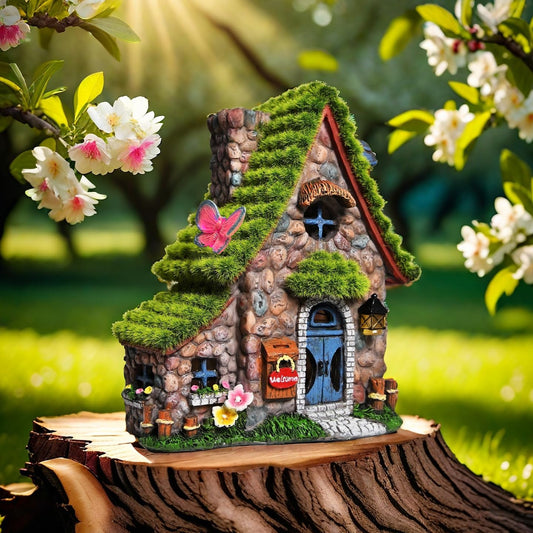 Resin Fairy House Statues with Solar Powered Lights